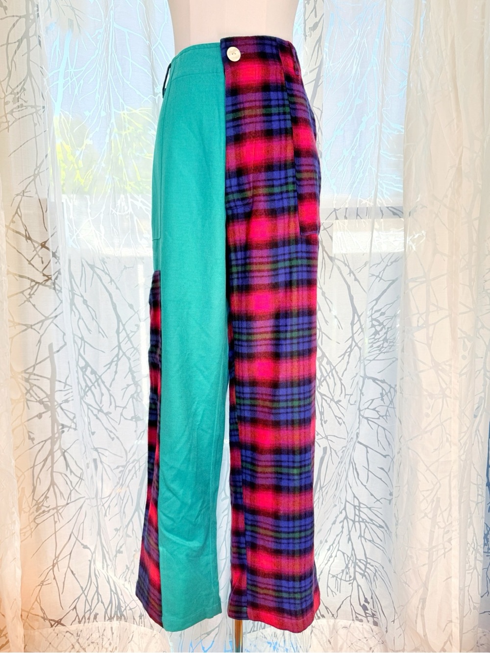 The Elder Statesman teal pink blue plaid patch work straight leg pants